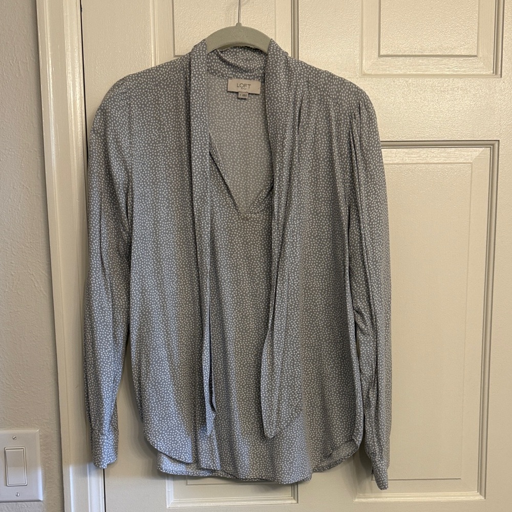 LOFT Gray Dot Tie Blouse
